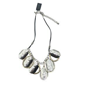 Chico's Silver Gold Tone Hammered Oval Pendant Necklace With Adjustable Cord